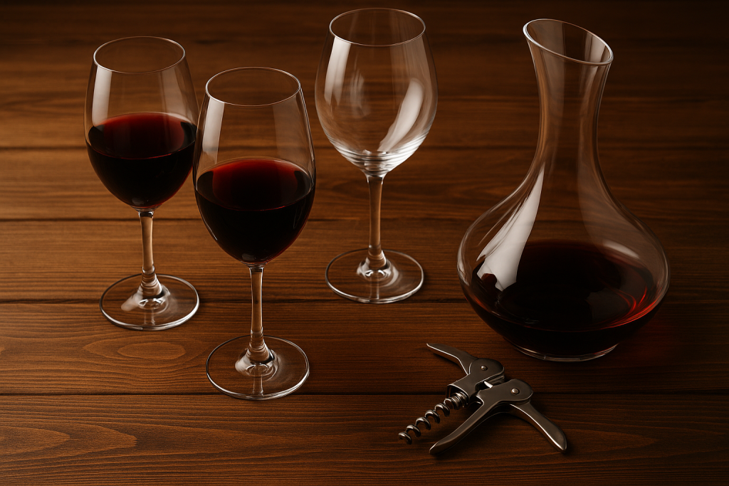 Mesa de madera con copas de vino, un decantador de cristal y un sacacorchos, representando los accesorios imprescindibles para amantes del vino.