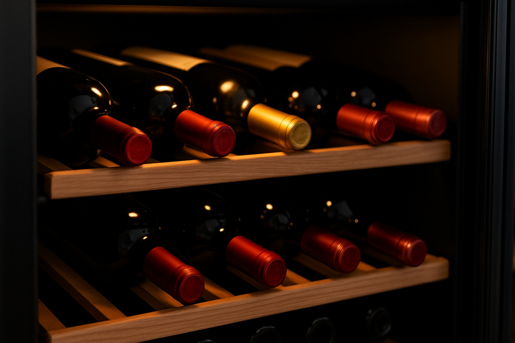 Botellas de vino almacenadas en posición horizontal dentro de una cava doméstica con iluminación tenue, representando la conservación del vino en casa en cuanto a temperatura, luz y tiempo ideal.