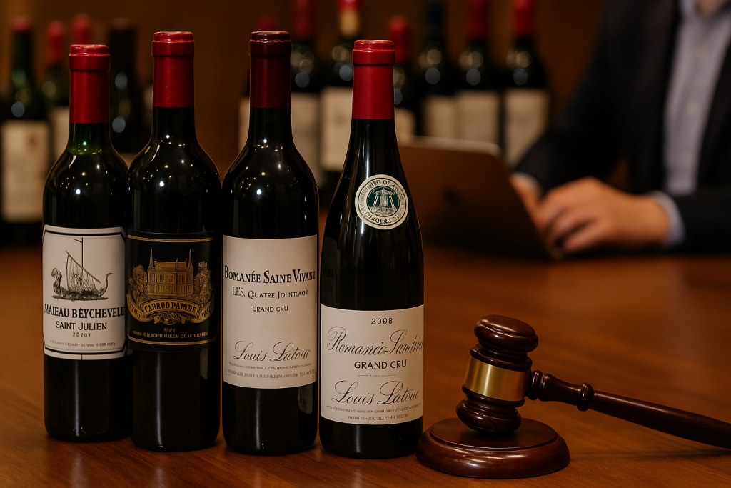 Botellas de vino de colección junto a un martillo de subasta sobre una mesa, representando precios, subastas y tendencias de inversión en el mercado global del vino.