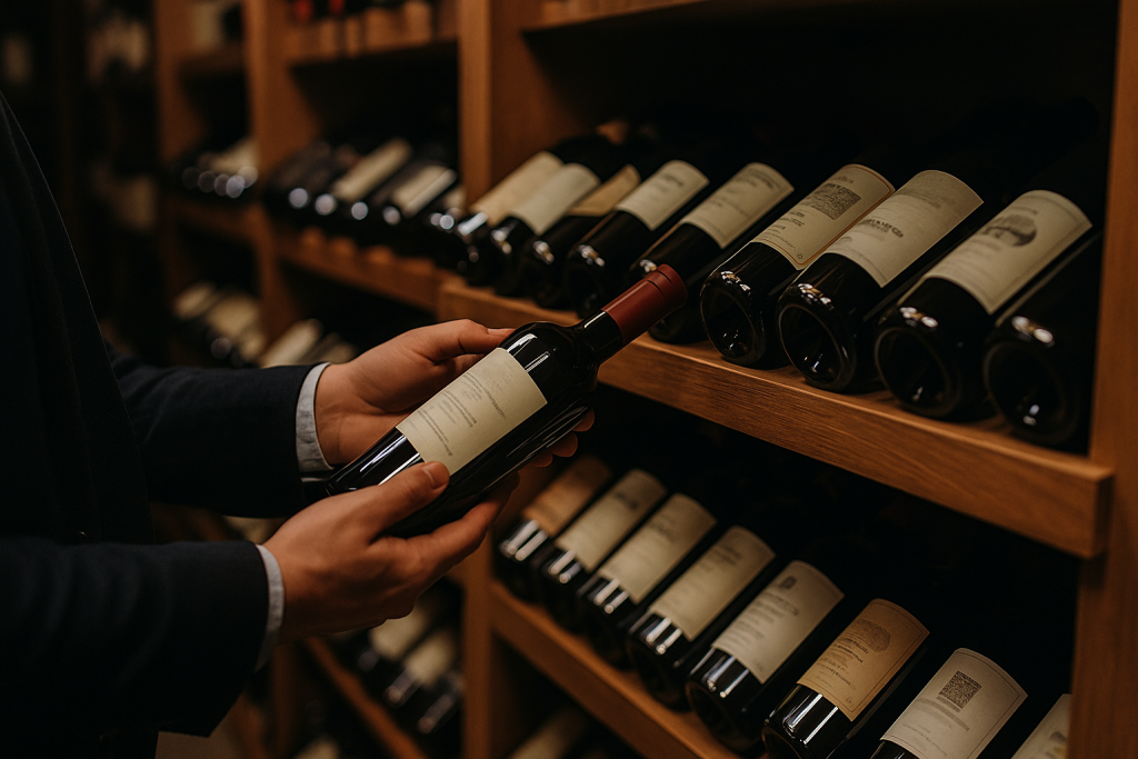 Persona seleccionando una botella de vino en una cava con estantes de madera, representando la inversión en vino y la rentabilidad de coleccionar botellas.