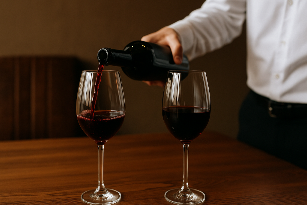 Vino tinto siendo servido en una copa sobre mesa de madera, con otra copa al lado, ilustrando errores comunes al servir y cómo evitarlos.