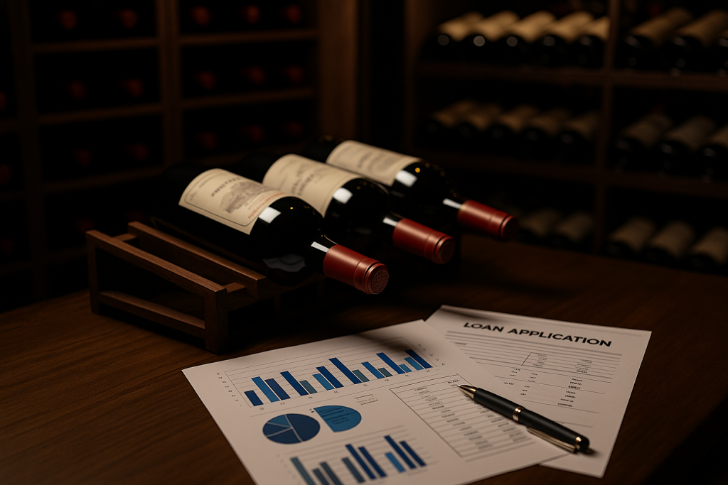 Botellas de vino de colección en una cava junto a documentos financieros y un formulario de préstamo sobre una mesa, ilustrando la posibilidad de usar una colección como garantía financiera.